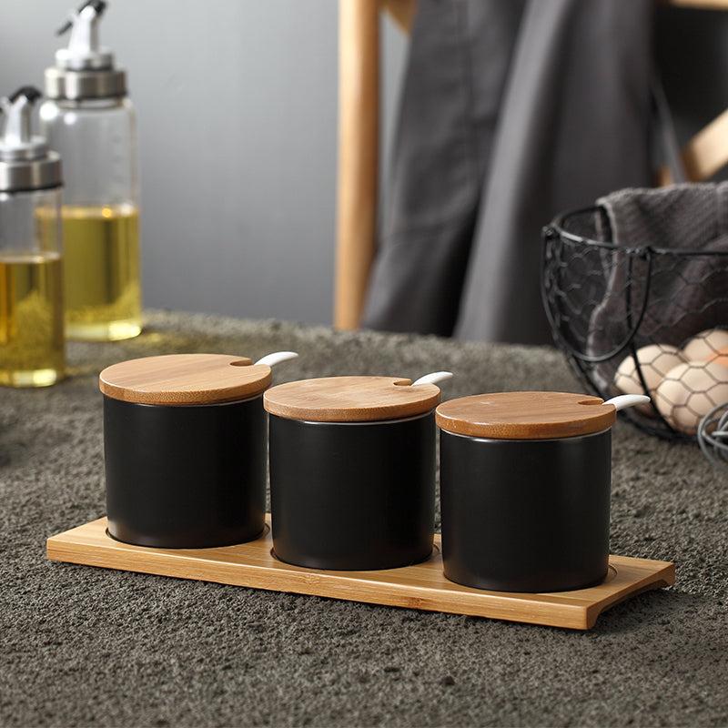 Japanese Style Ceramic Seasoning Jar Set (3PCS) Kitchen Spice Containers with Lid & Spoon